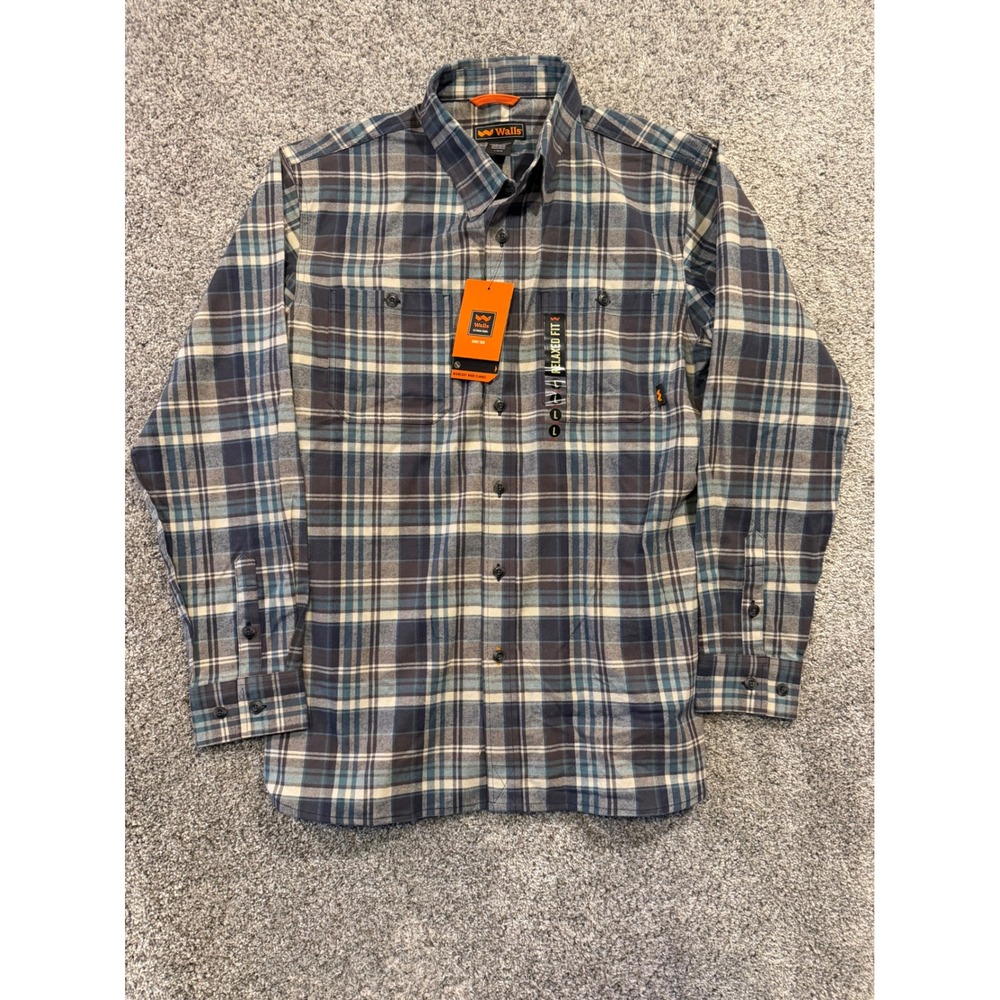 Walls Flannel Shirt Mens L Blue Longhorn Relaxed Fit Midweight Work Plaid Flex